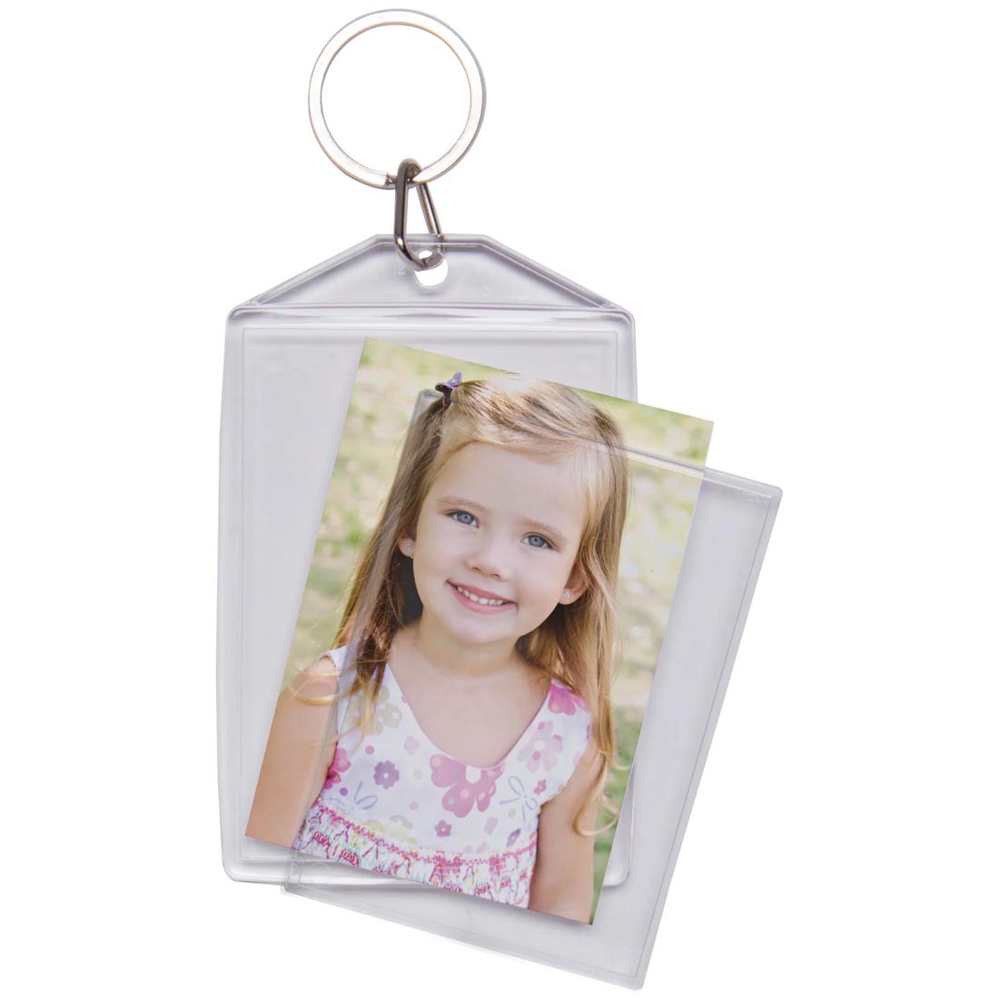 Clear Snap-In Photo Keychain with photo of child being inserted