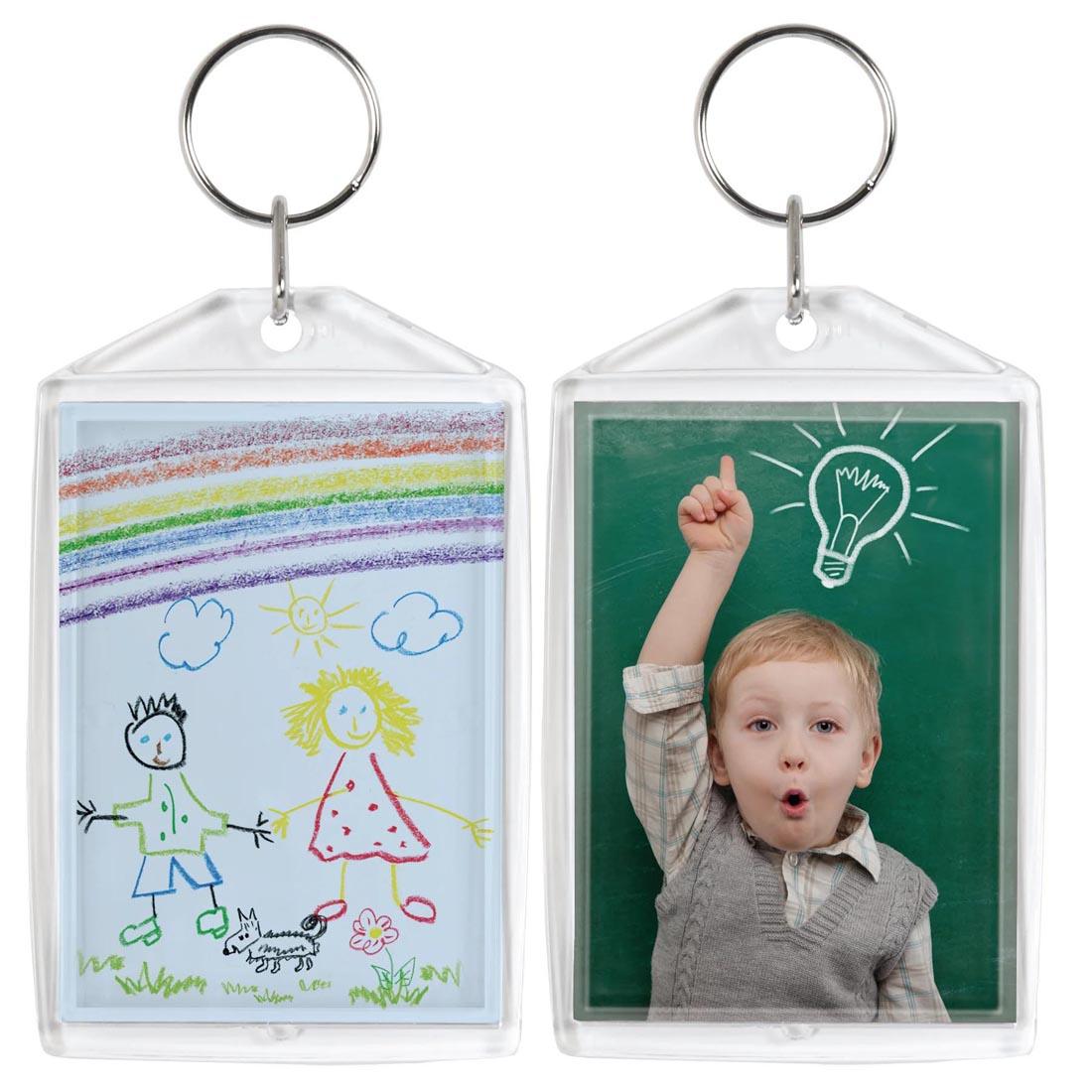 Two Clear Snap-In Photo Keychains shown in use