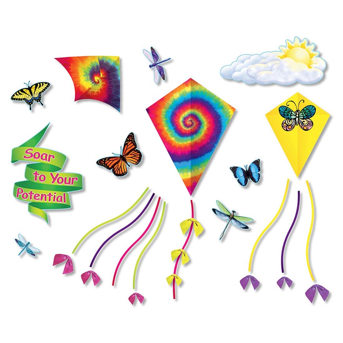 bulletin board set with colorful kits, butterflies and dragonflies