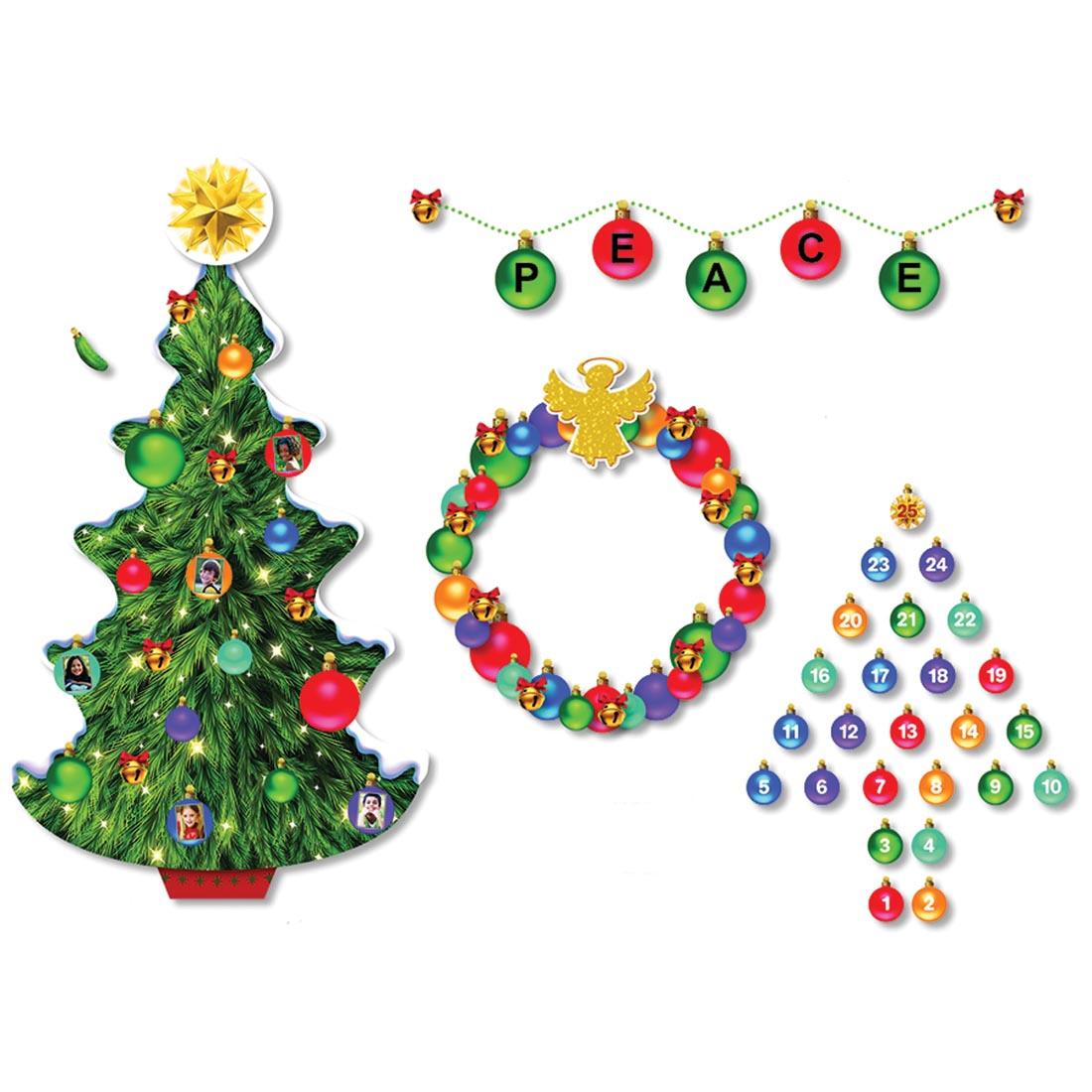 bulletin board set featuring Christmas tree and ornaments