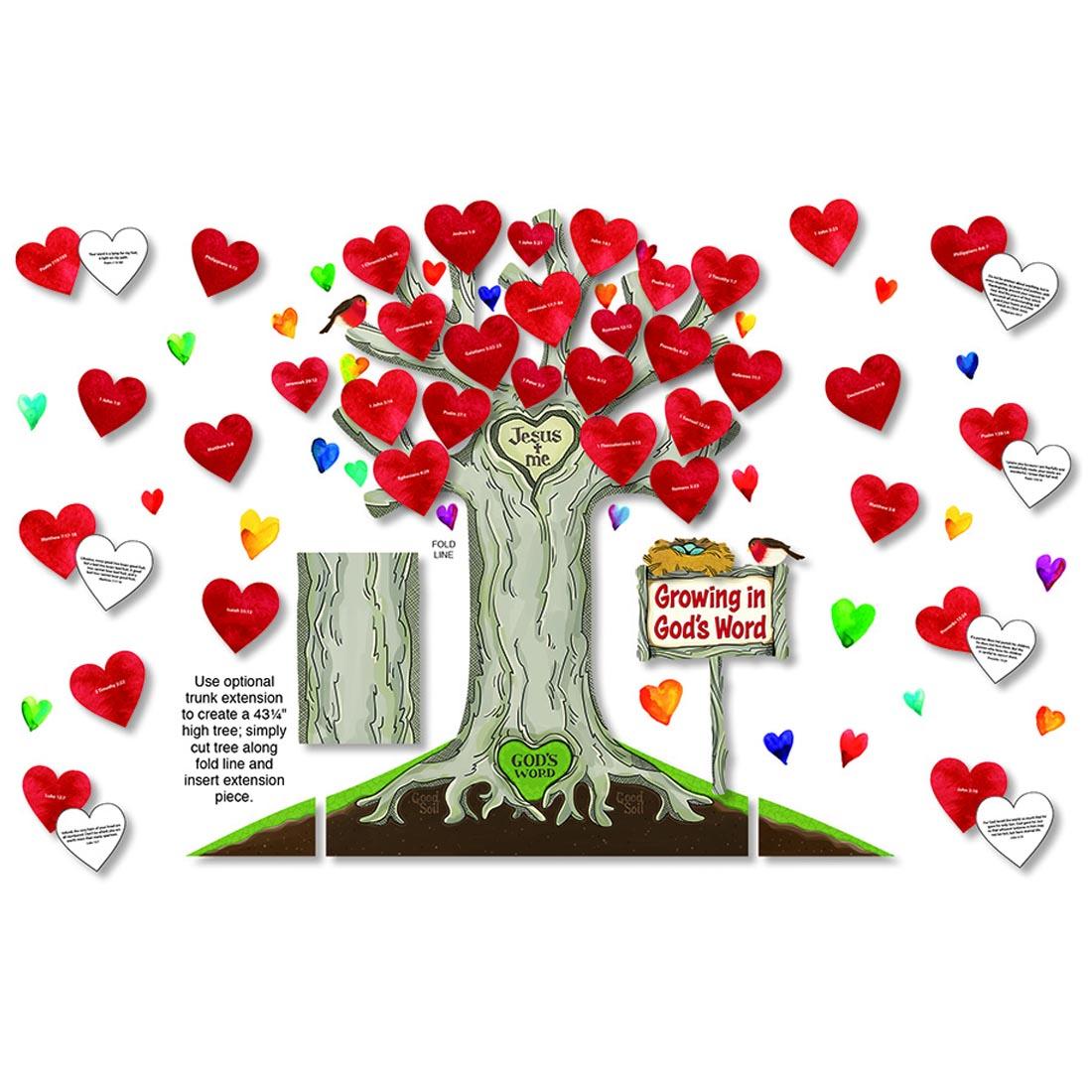 bulletin board set with large tree and hearts with bible verses
