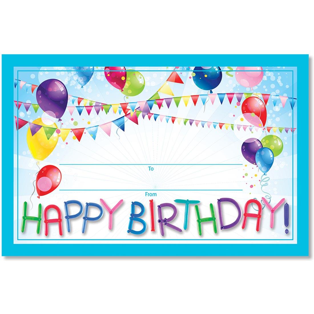 happy birthday certificate with colorful balloons and pennants