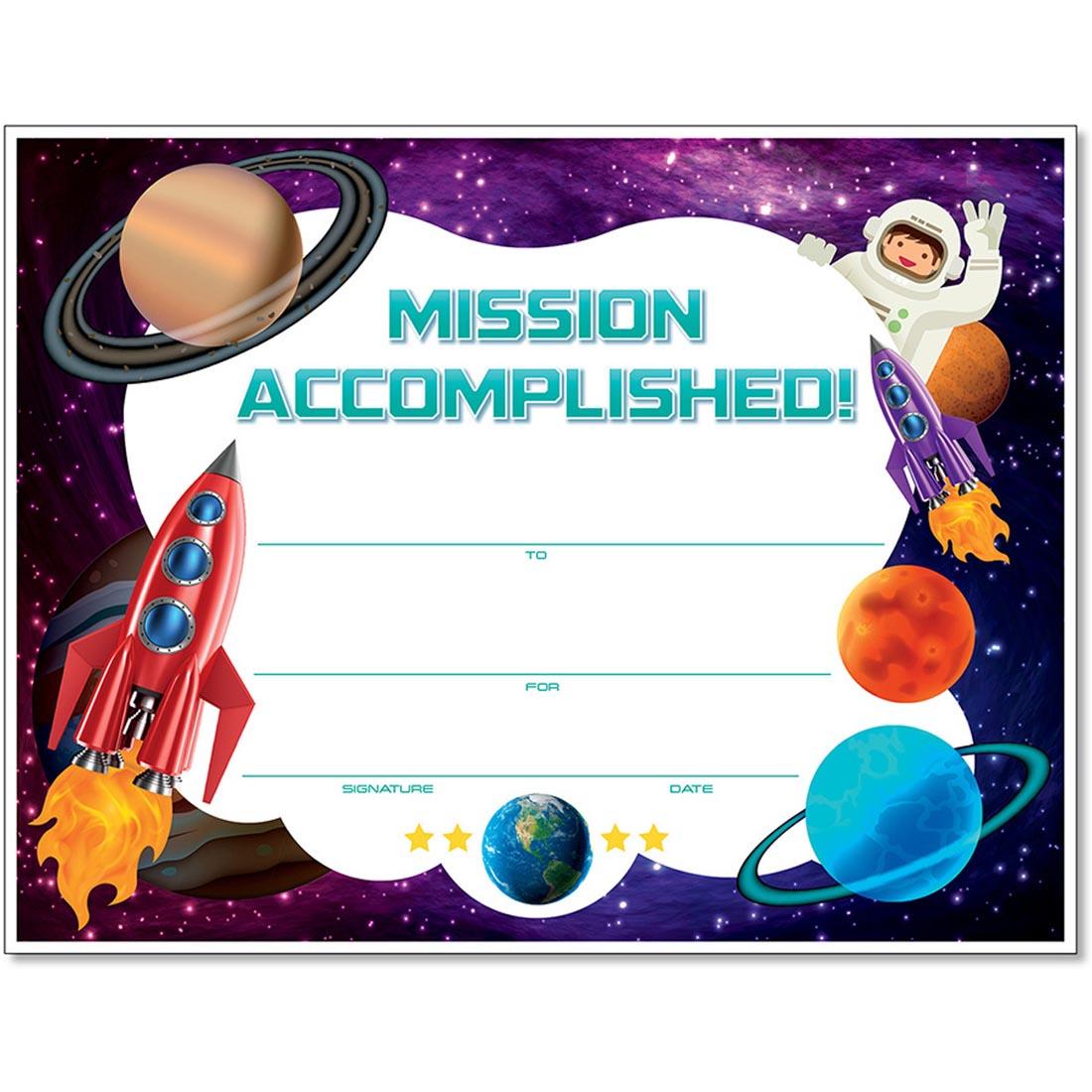 space-themed mission accomplished award certificate