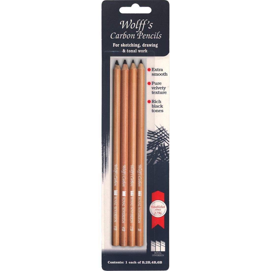 4 carbon sketching pencils, one each of B, 2B, 4B and 6B