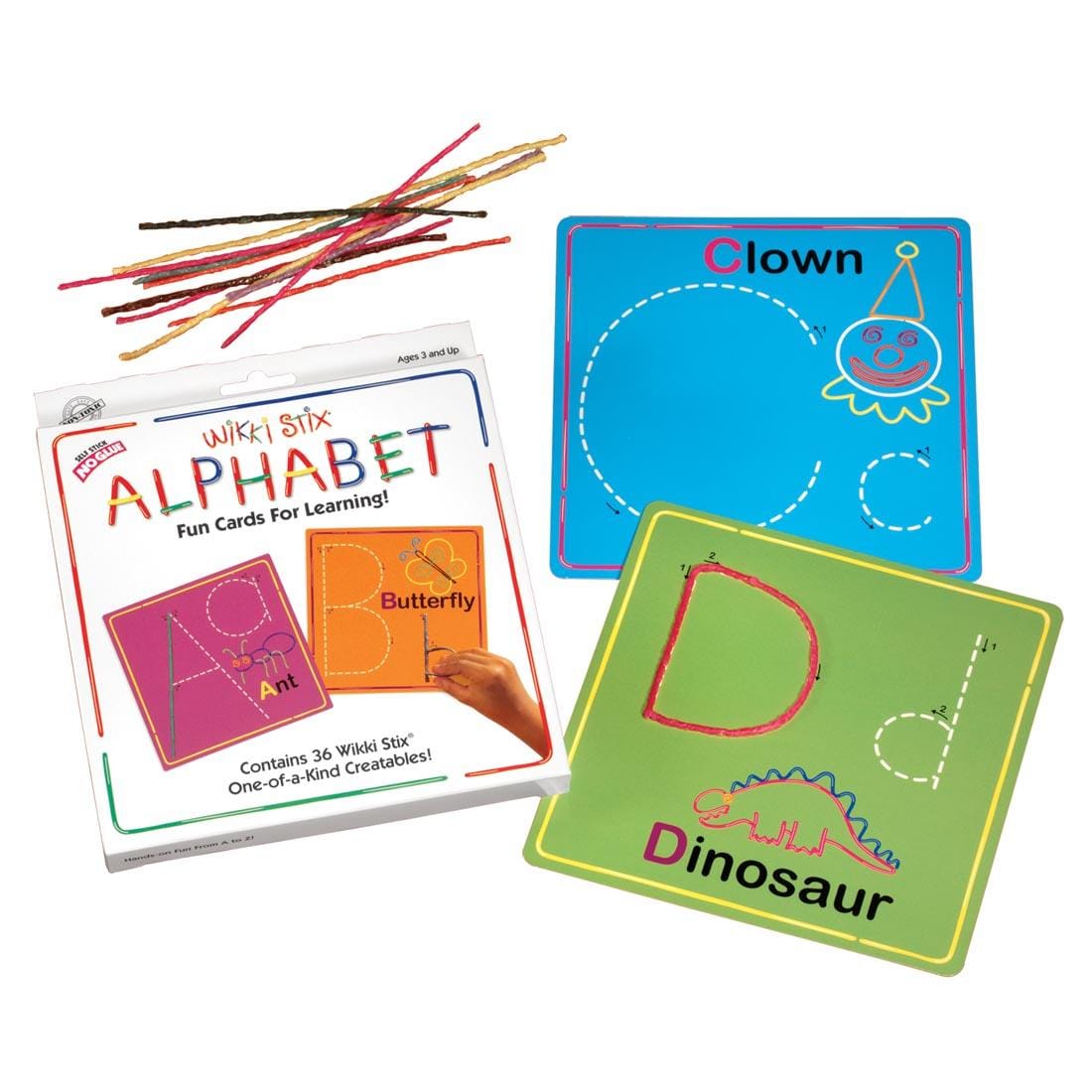 wax-coated yarn pieces in assorted colors with cards featuring dotted alphabet letters