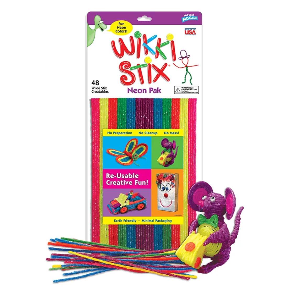 wax-coated yarn pieces in assorted neon colors, with mouse figurine created from pieces