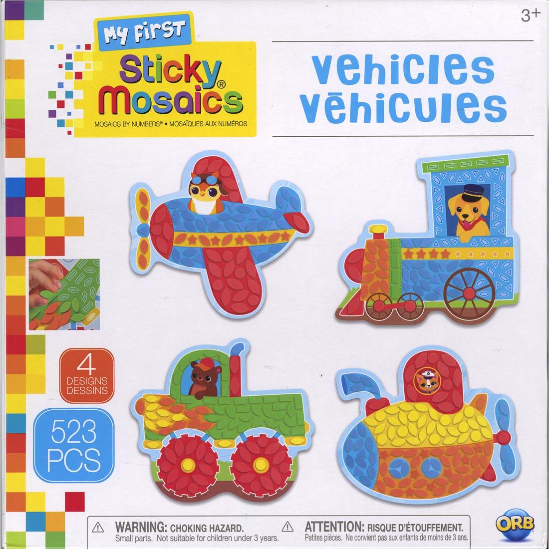 box of adhesive-backed foam mosaic crafts, featuring 4 different vehicle designs
