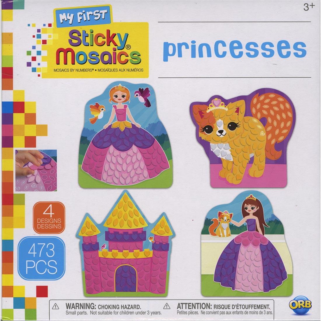 box of adhesive-backed foam mosaic crafts, with 4 different princess-themed designs