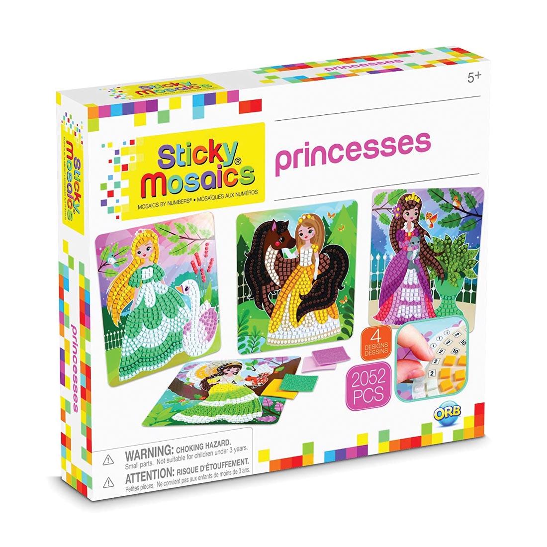 box of adhesive-backed foam mosaic crafts, featuring 4 different princess designs