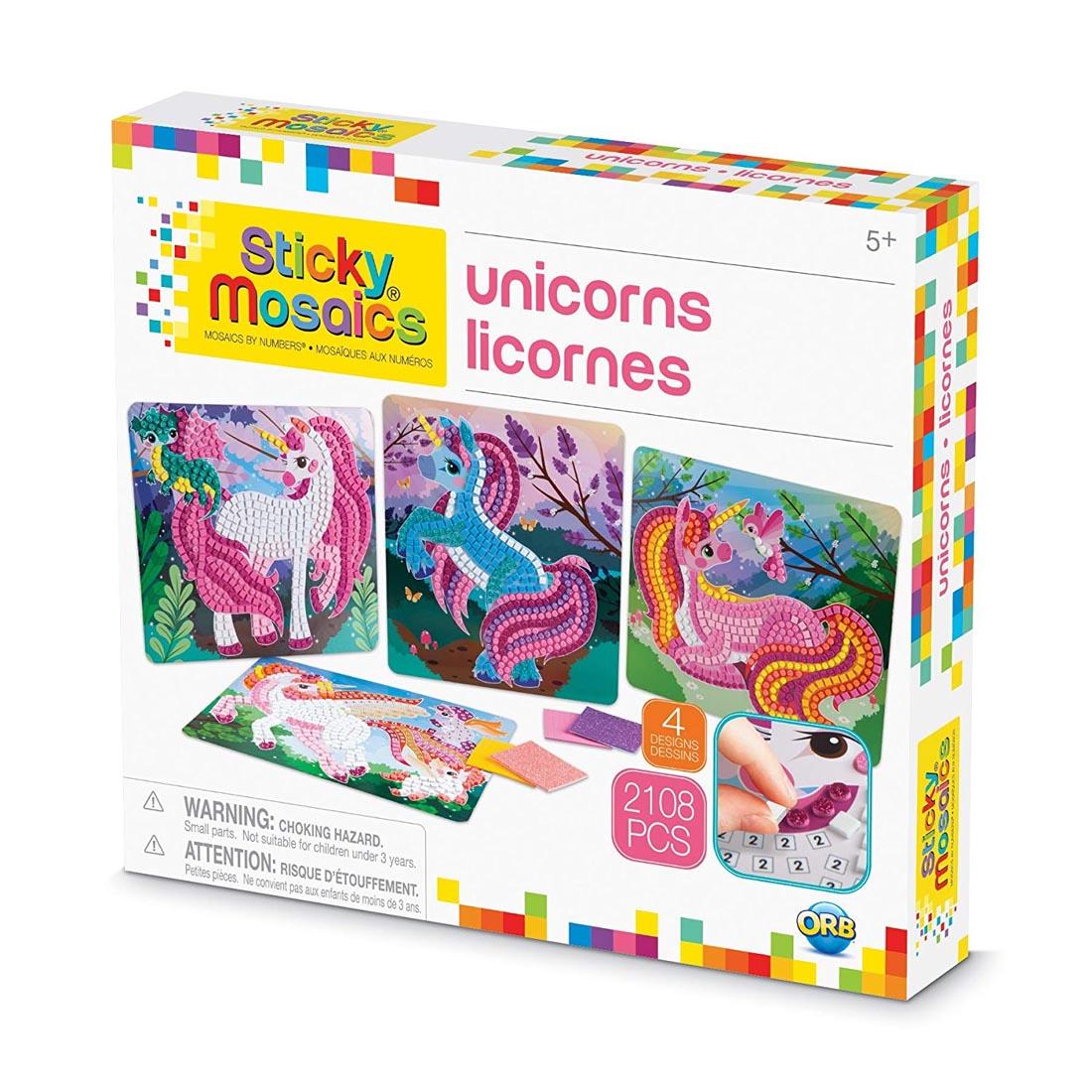 box of adhesive-backed foam mosaic crafts, featuring 4 different unicorn designs