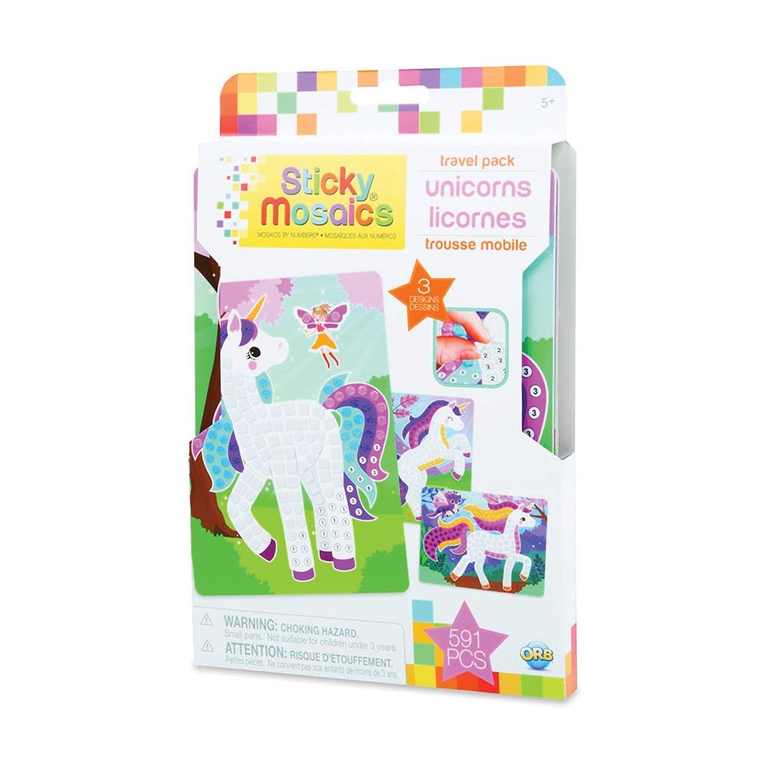 box of adhesive-backed foam mosaic crafts, featuring 3 different unicorn designs