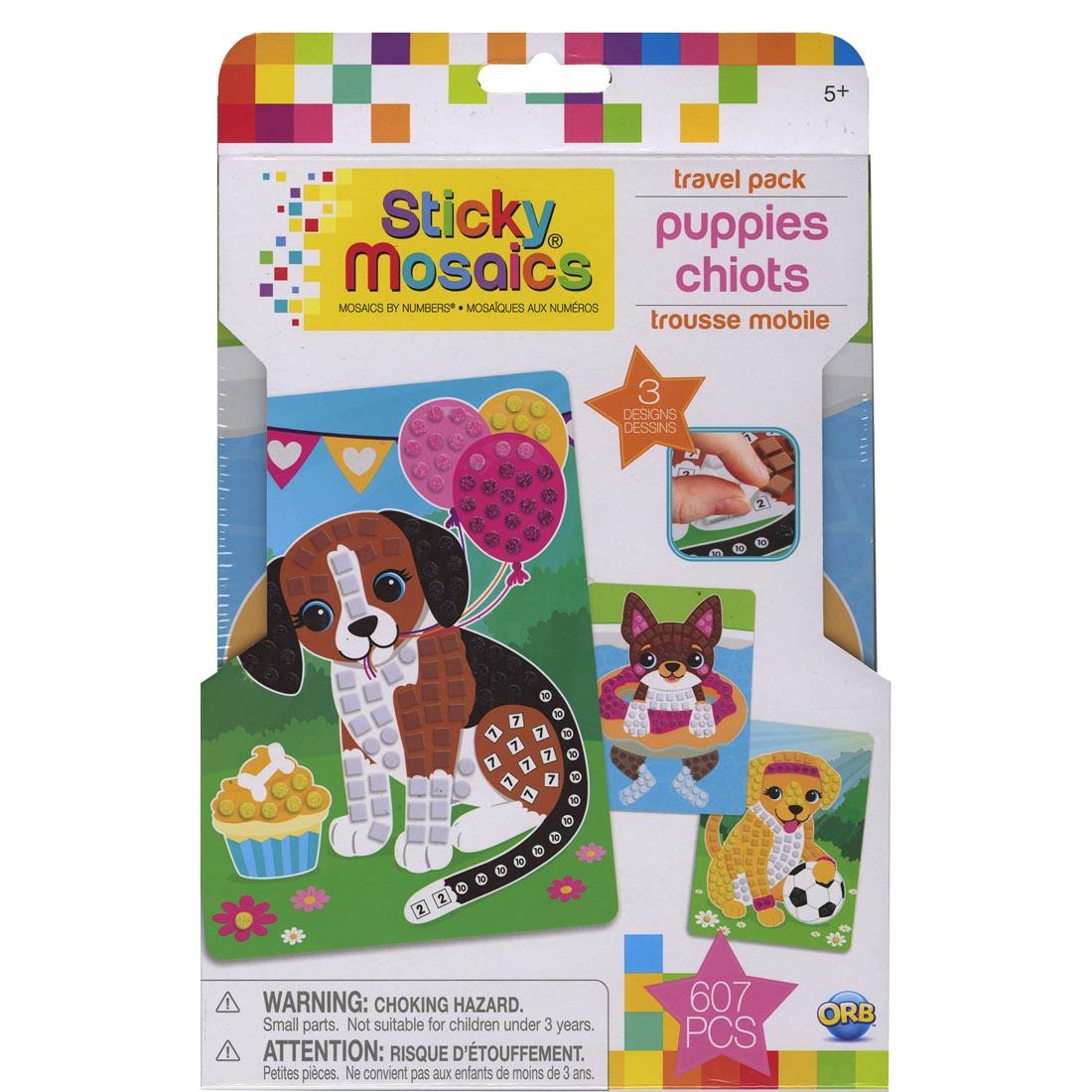 box of adhesive-backed foam mosaic crafts, featuring 3 different puppy designs
