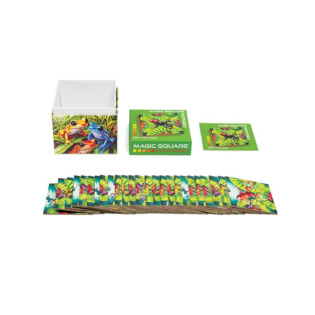open box and pieces from the Frogs 25-Piece Magic Square Tile Puzzle