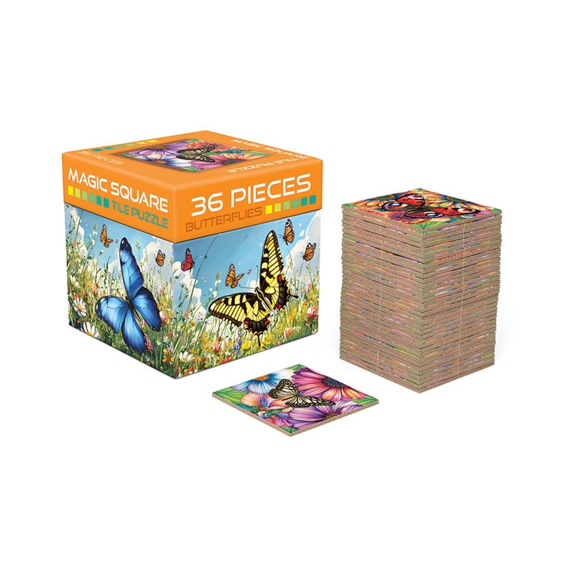 box and stack of pieces from the Butterflies 36-Piece Magic Square Tile Puzzle