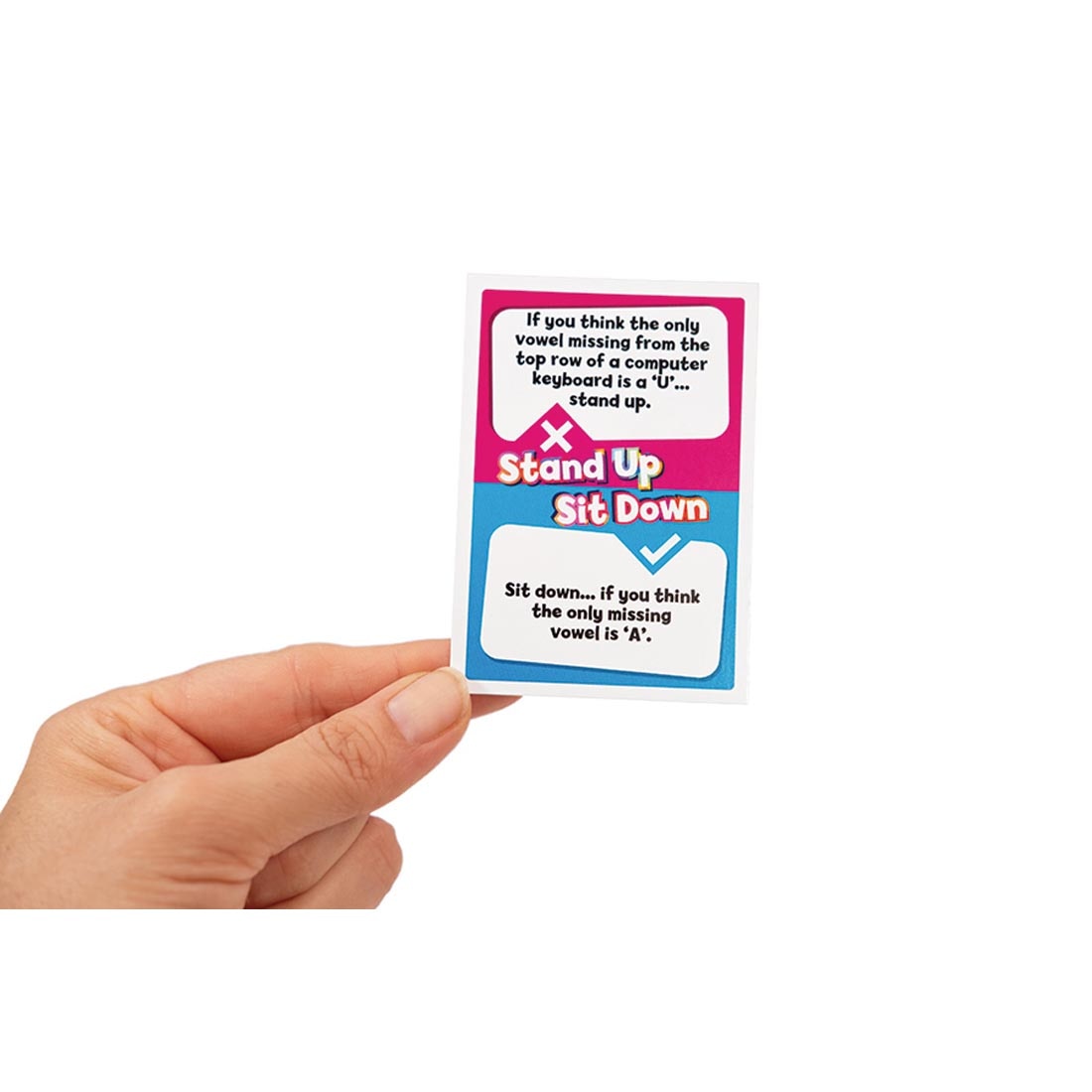 hand holding up a card from the Stand Up! Sit Down? Game