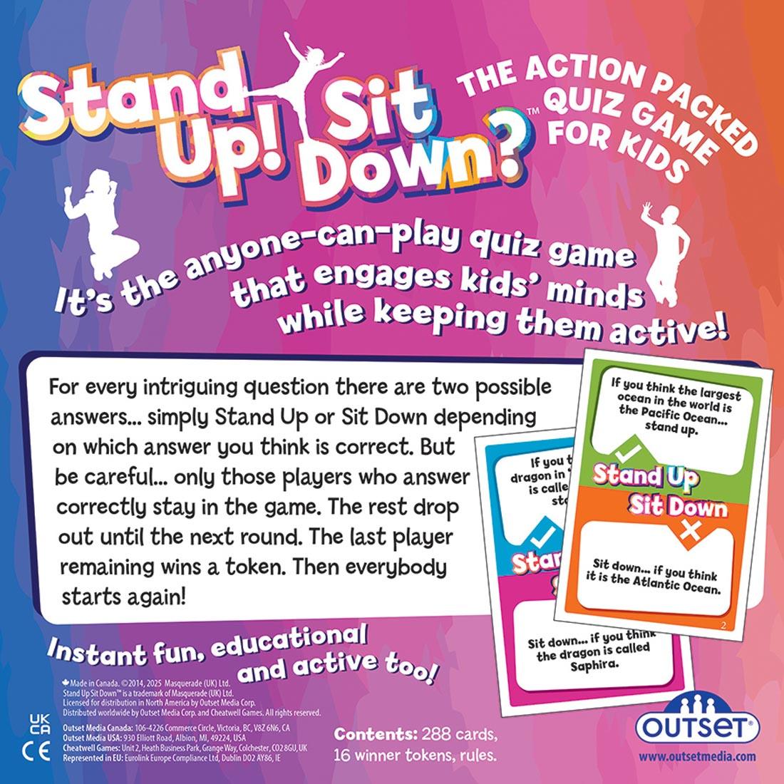 back of package of the Stand Up! Sit Down? Game