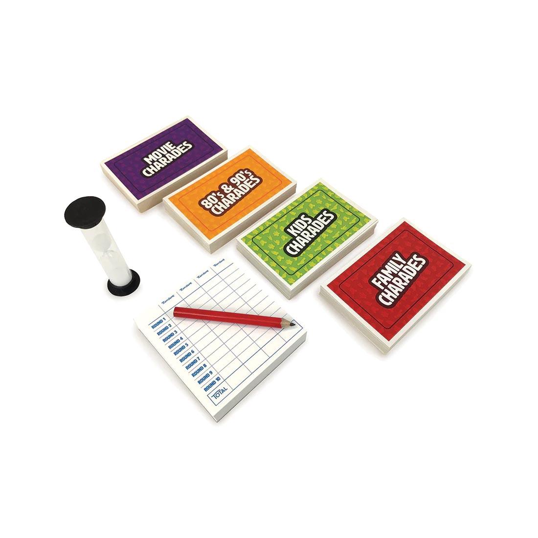cards, timer and scorepad from the Family Charades Game
