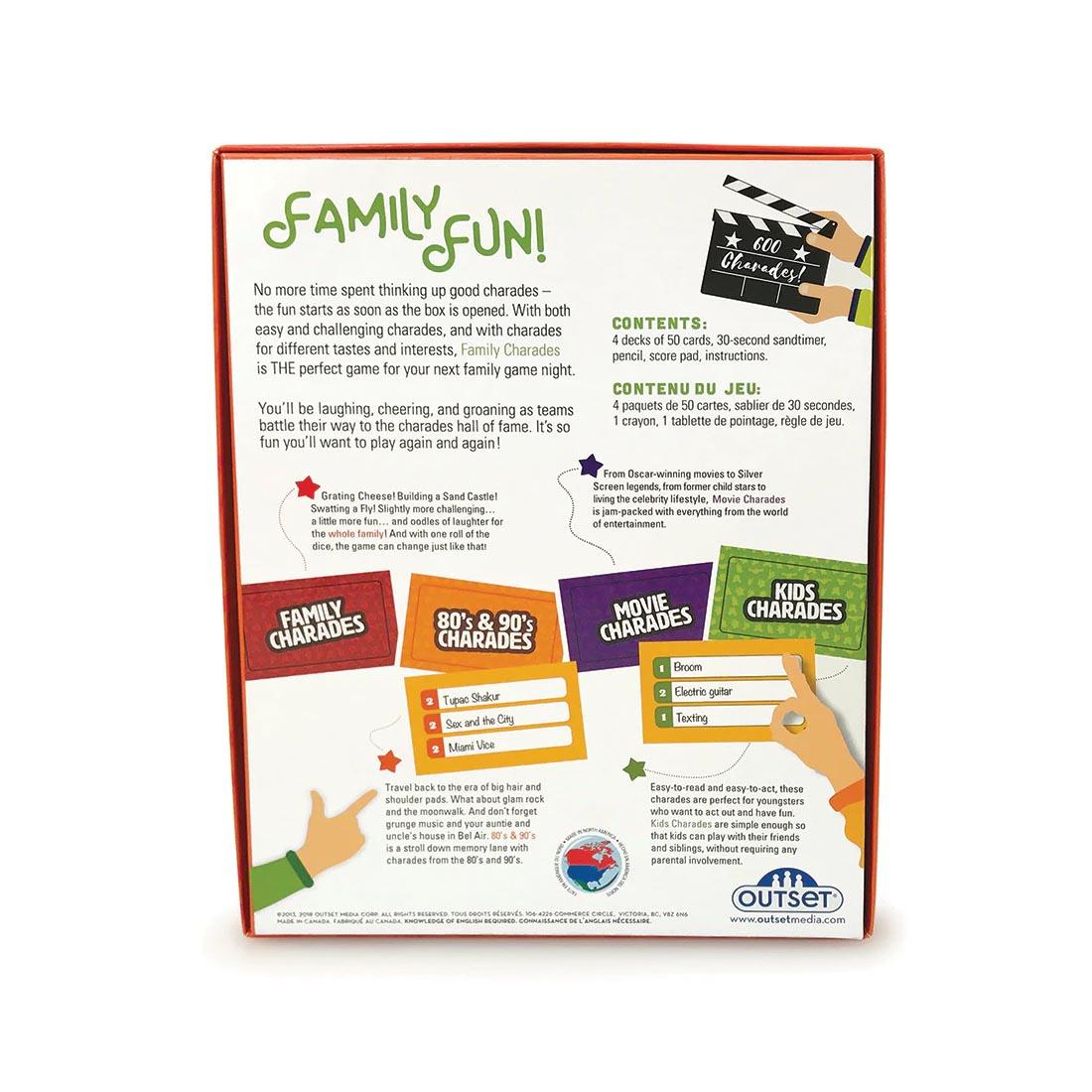 back of package for the Family Charades Game