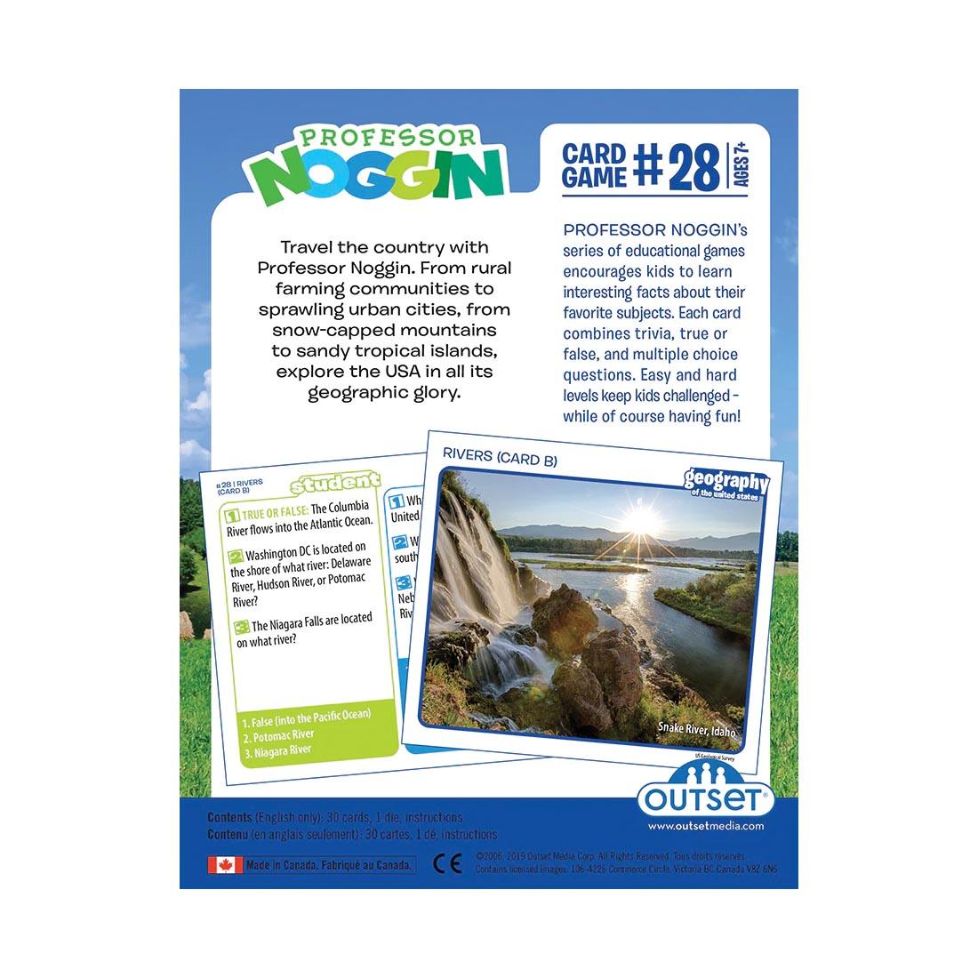 back of package for the Geography Of The United States Professor Noggin Card Game