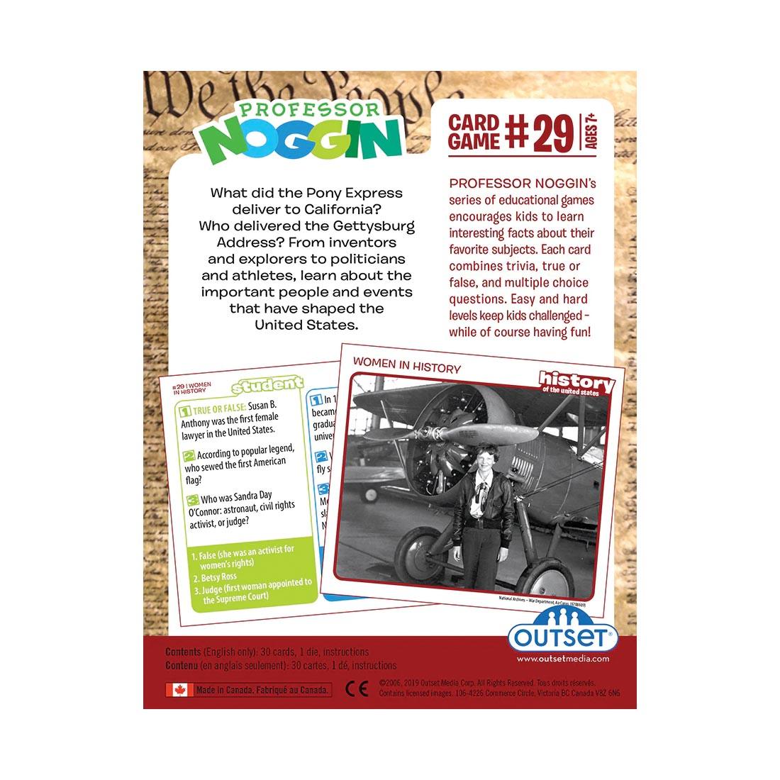 back of package for the History Of The United States Professor Noggin Card Game