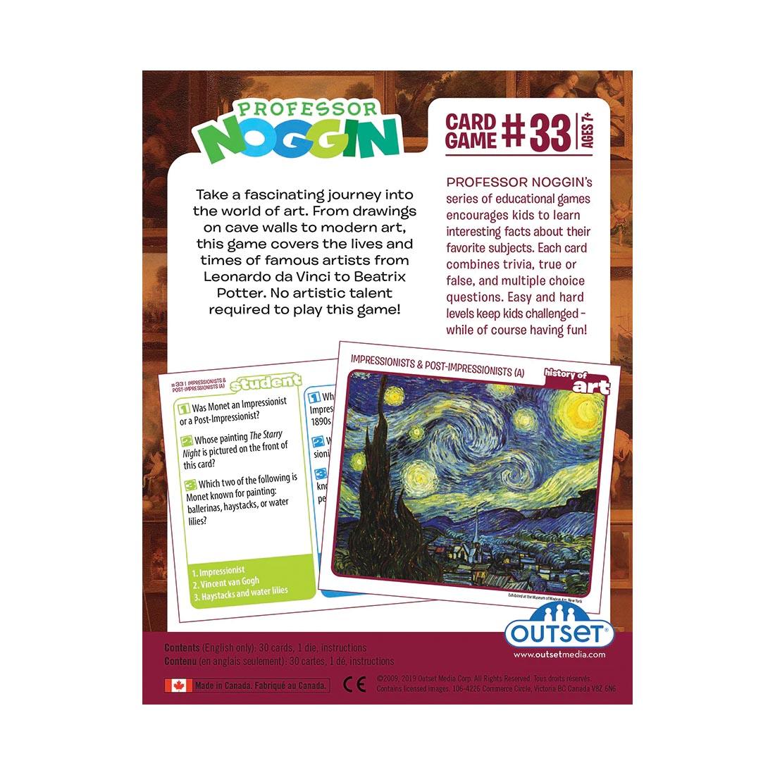 back of package for the Art History Professor Noggin Card Game