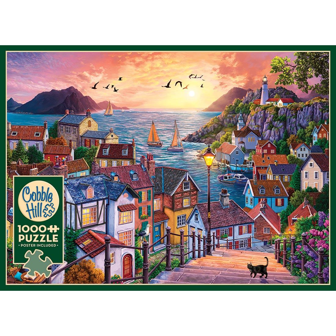 cover of box of 1000-piece puzzle, showing a costal town with the sea and sunset in the background