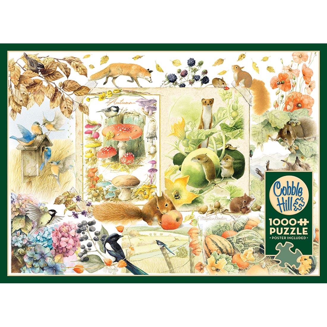 Cover of box of 1000-Piece puzzle, showing a collage of drawings with autumn leaves and woodland creatures