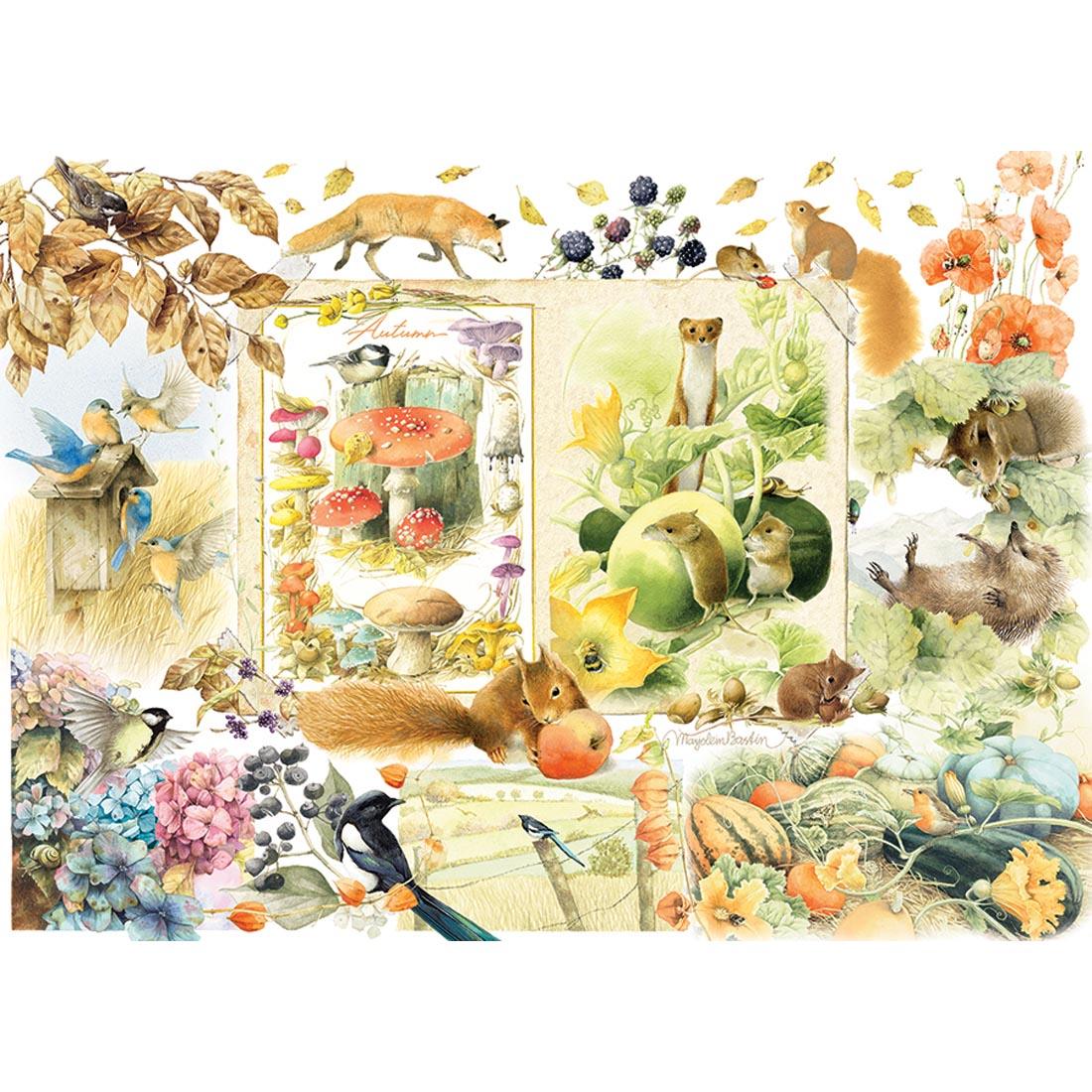 Completed 1000-piece puzzle, showing a collage of drawings featuring autumn leaves and woodland creatures