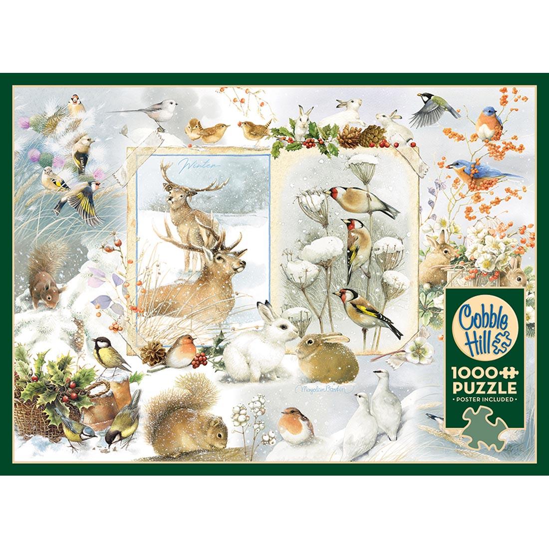 cover of box of 1000-piece puzzle, showing a collage of drawings featuring animals and birds in the snow