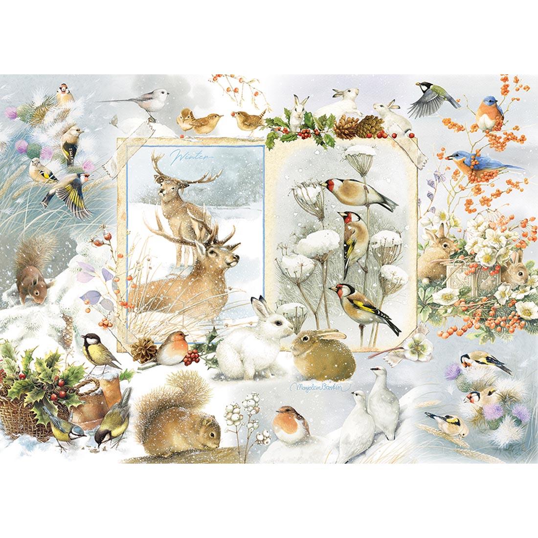 completed 1000-piece puzzle, showing a collage of drawings featuring animals and birds in the snow