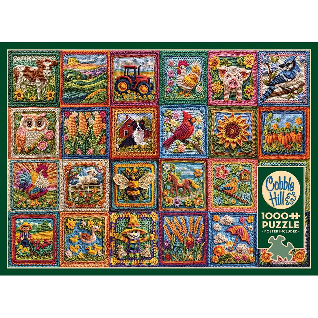 cover of box of 1000-piece puzzle, showing various crochet squares depicting farm equipment and animals