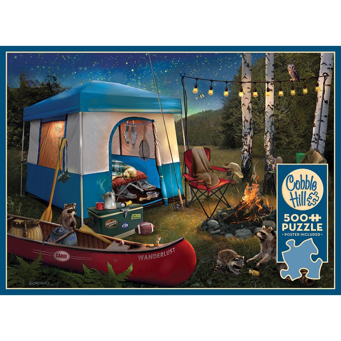 cover of box of 500-piece puzzle, showing a camping scene at night