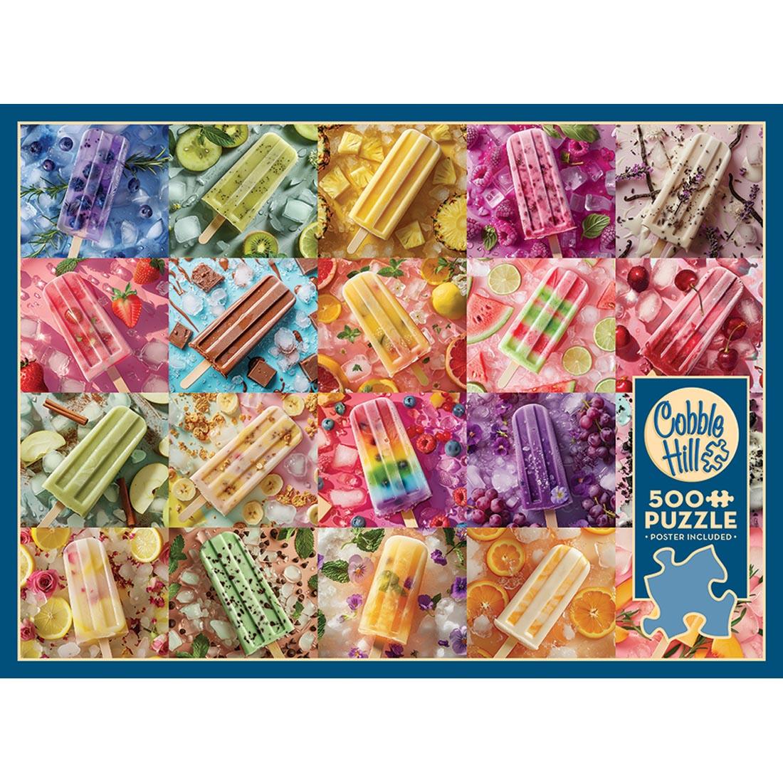 cover of box of 500-piece puzzle, showing assorted popscicles with coordinating color backgrounds