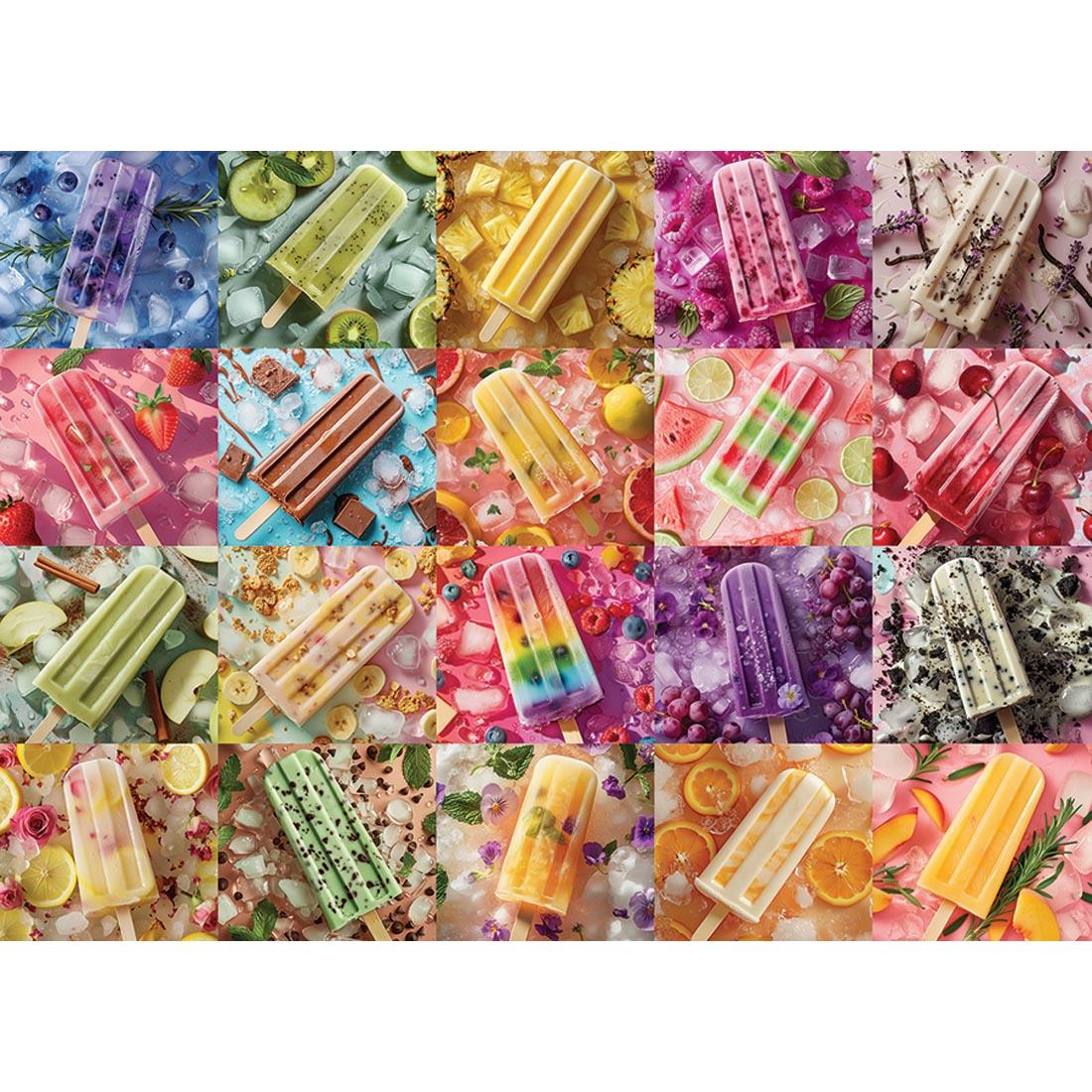 completed 500-piece puzzle, showing 20 popscicles with coordinating color backgrounds
