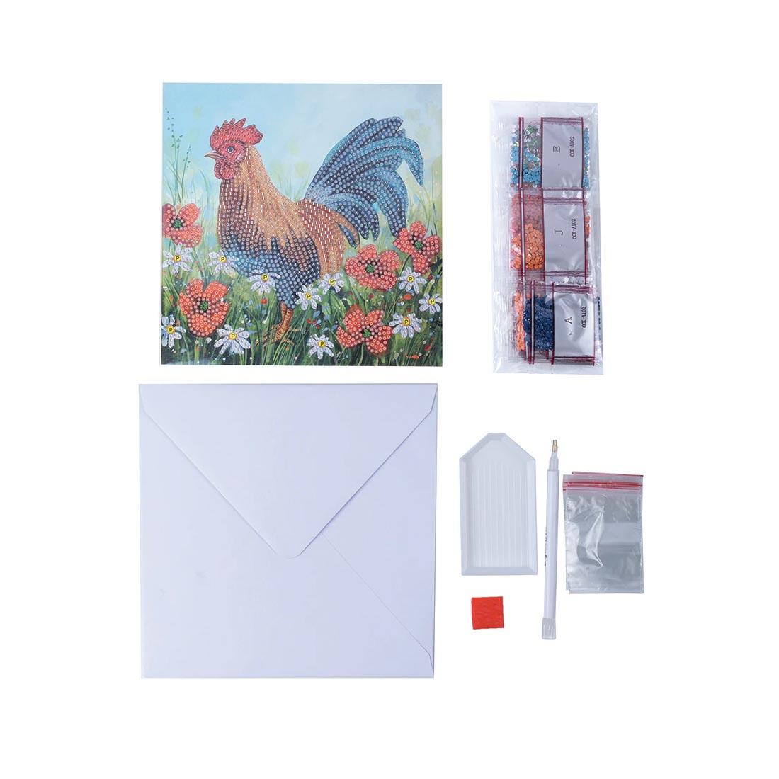 components of the Crystal Art Cockerel In Field Card Kit