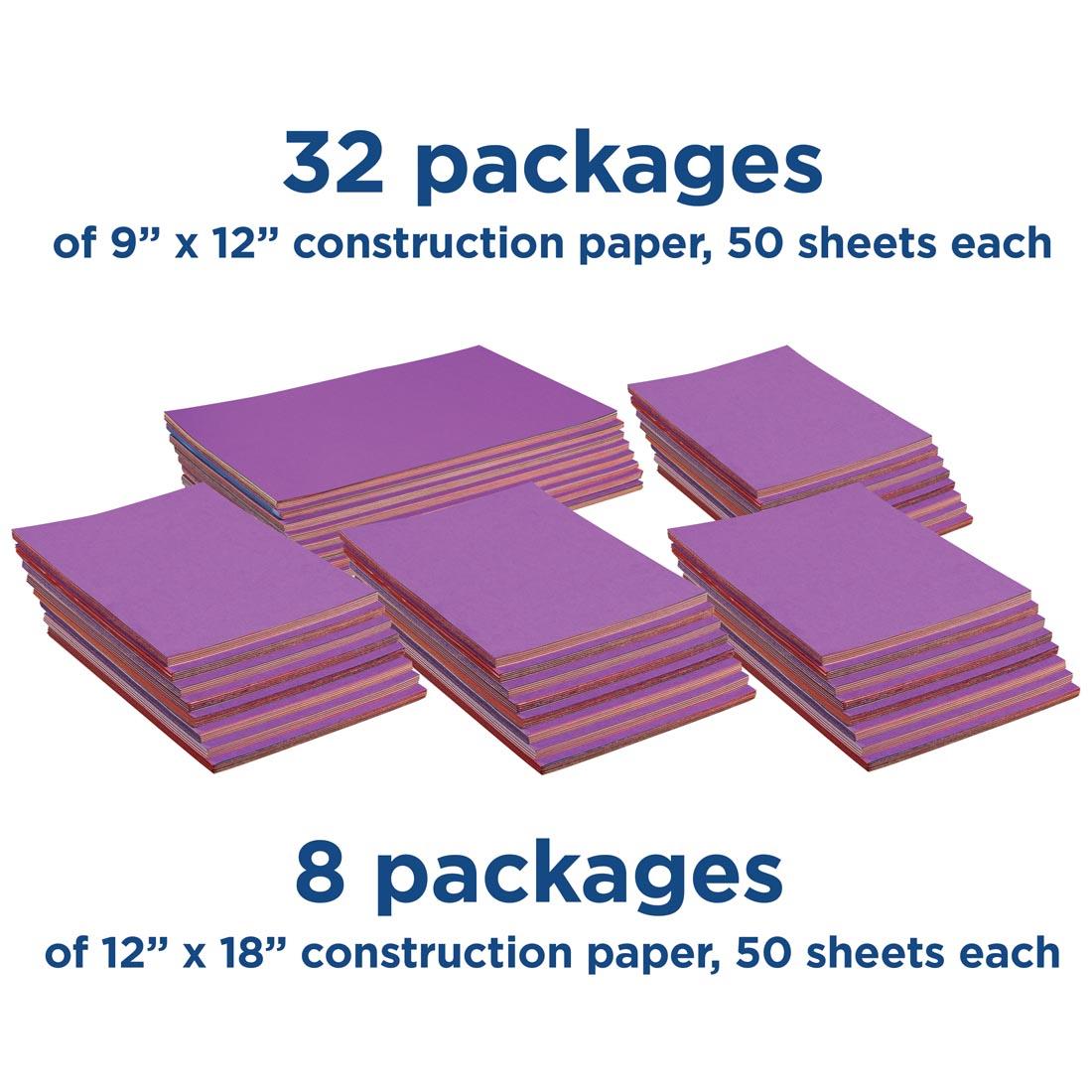 Piles of paper that comes in Tru-Ray Construction Paper Combo Case with text 32 packages of 9" x 12" construction paper, 50 sheets each; 8 packages of 12" x 18" construction paper, 50 sheets each