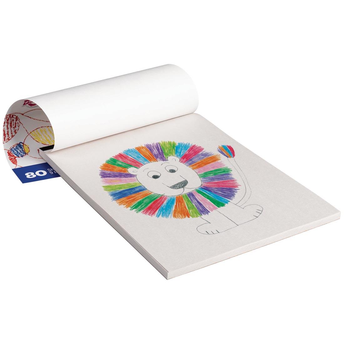 Image of a hand-drawn lion on the Prang Doodle Pad, cover is flipped up and lion's mane has lots of bright colors