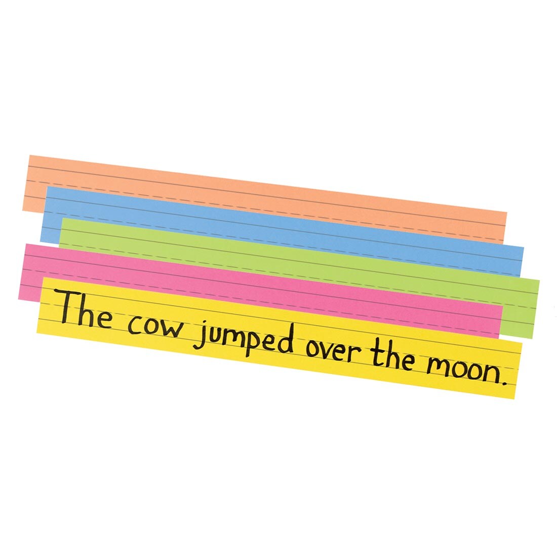 Pacon Super Bright Sentence Strips, one with the sentence The cow jumped over the moon.