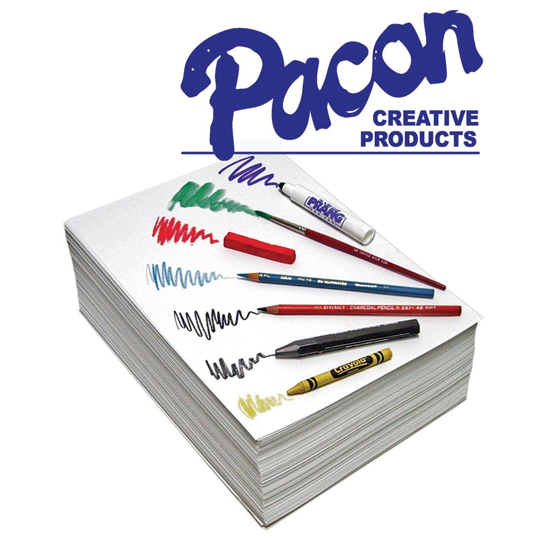 Pacon Pure Sulphite Paper with sample scribbles from a marker, paintbrush, pastel, colored pencil, charcoal pencil, graphite stick and crayon with the text Pacon Creative Products