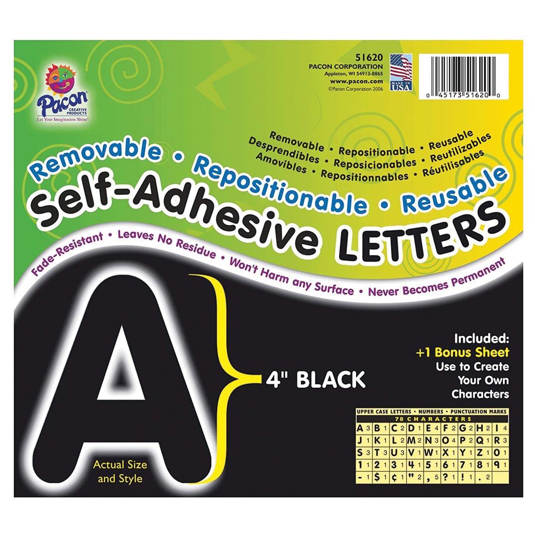 Pacon Reusable Self-Adhesive Vinyl Letters & Numbers Puffy Font 4" Black