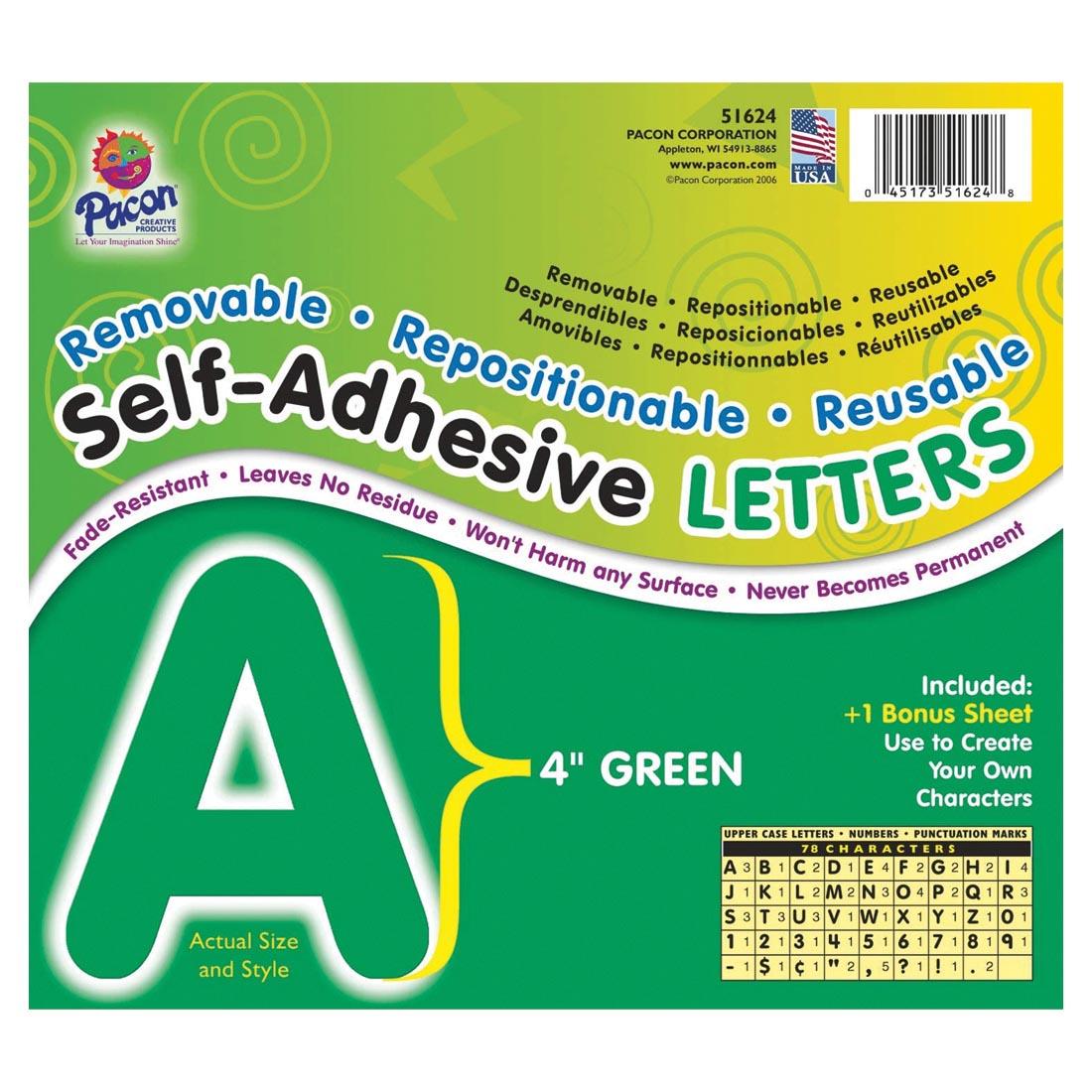 Pacon Reusable Self-Adhesive Vinyl Letters & Numbers Puffy Font 4" Green