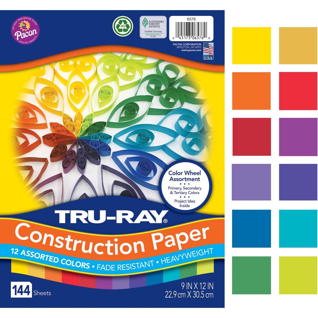 Tru-Ray Color Wheel Construction Paper Assortment package beside 12 Color Swatches