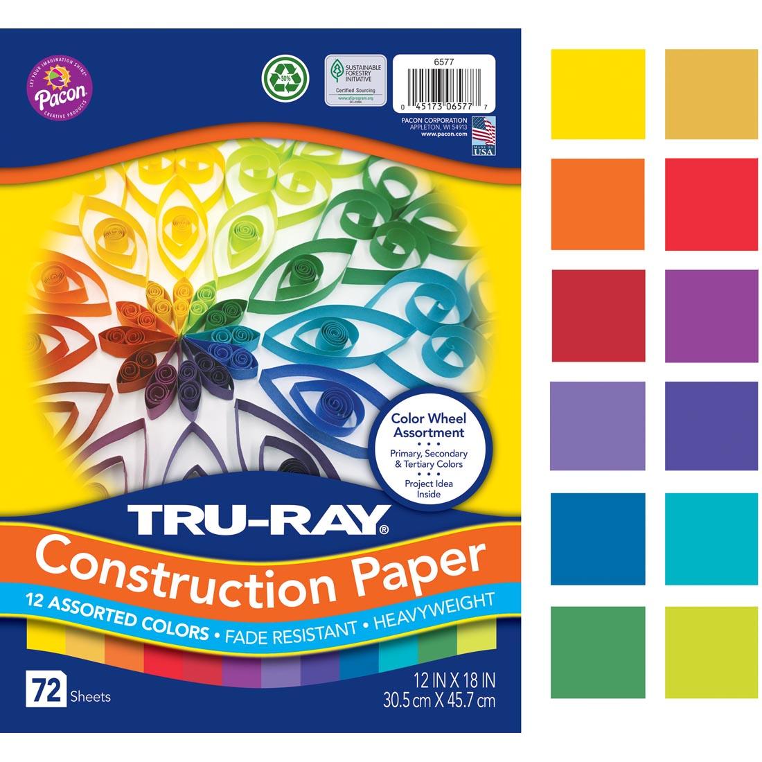 Tru-Ray Color Wheel Construction Paper Assortment package beside 12 Color Swatches