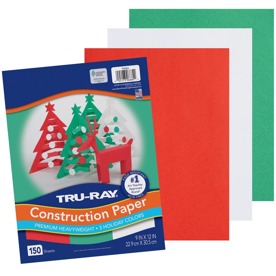 Tru-Ray Construction Paper 9x12" Holiday Assortment, showing green, white and red sheets