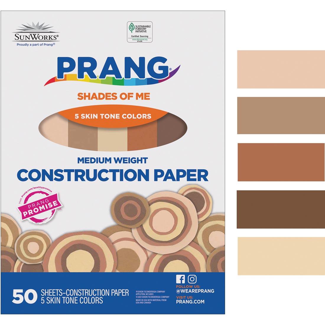 Prang Shades of Me multicultural construction paper package next to five color swatches
