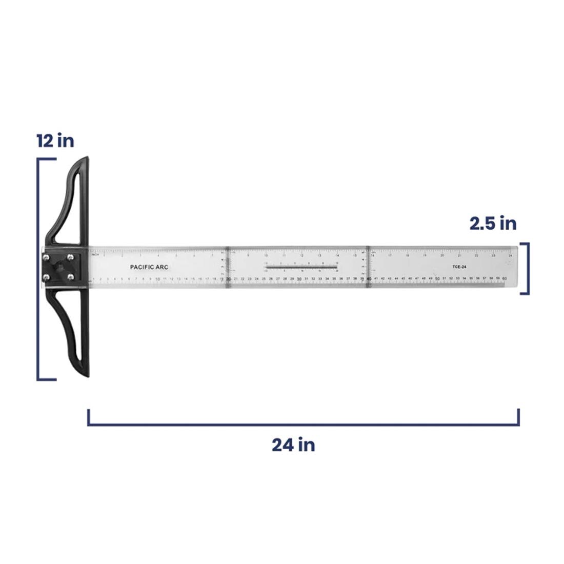 Clear Graduated Acrylic T-Square With Detachable Head by Pacific Arc labeled with measurements 12in; 2.5in; 24in