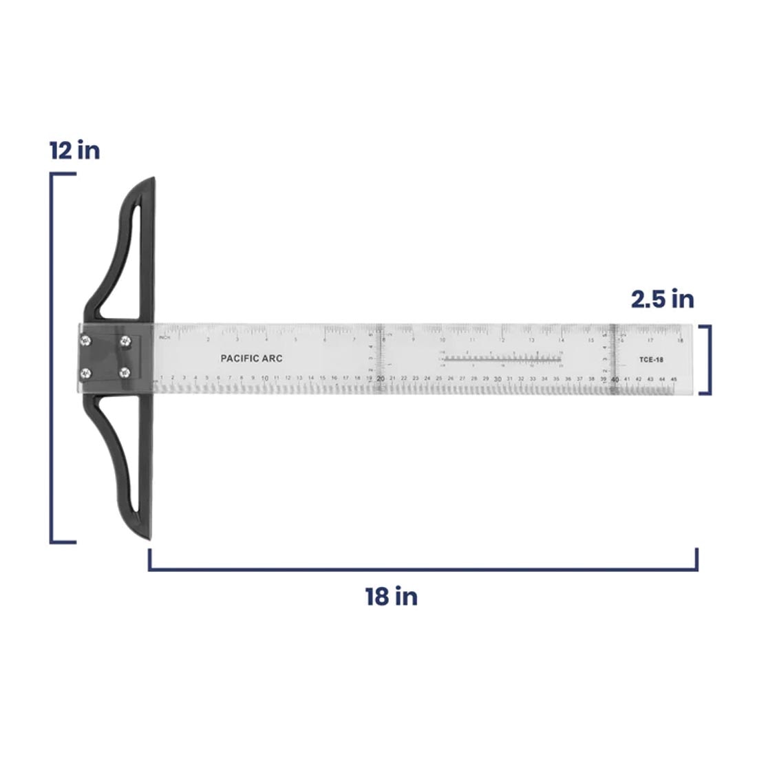 18" Clear Graduated Acrylic T-Square With Detachable Head by Pacific Arc labeled with measurements 12in; 2.5in; 18in