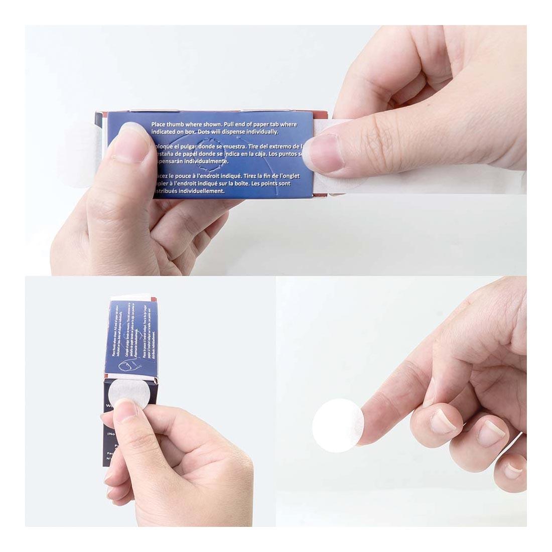 3-part image: Top of a package of drafting dots with hands showing how to dispense the dots; thumb and finger grasping a dot from the dispenser; dot shown on the tip of an index finger