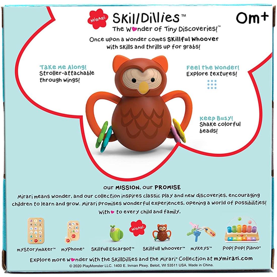 Back of package of the Mirari SkillDillies Skillful Whoover Owl Toy