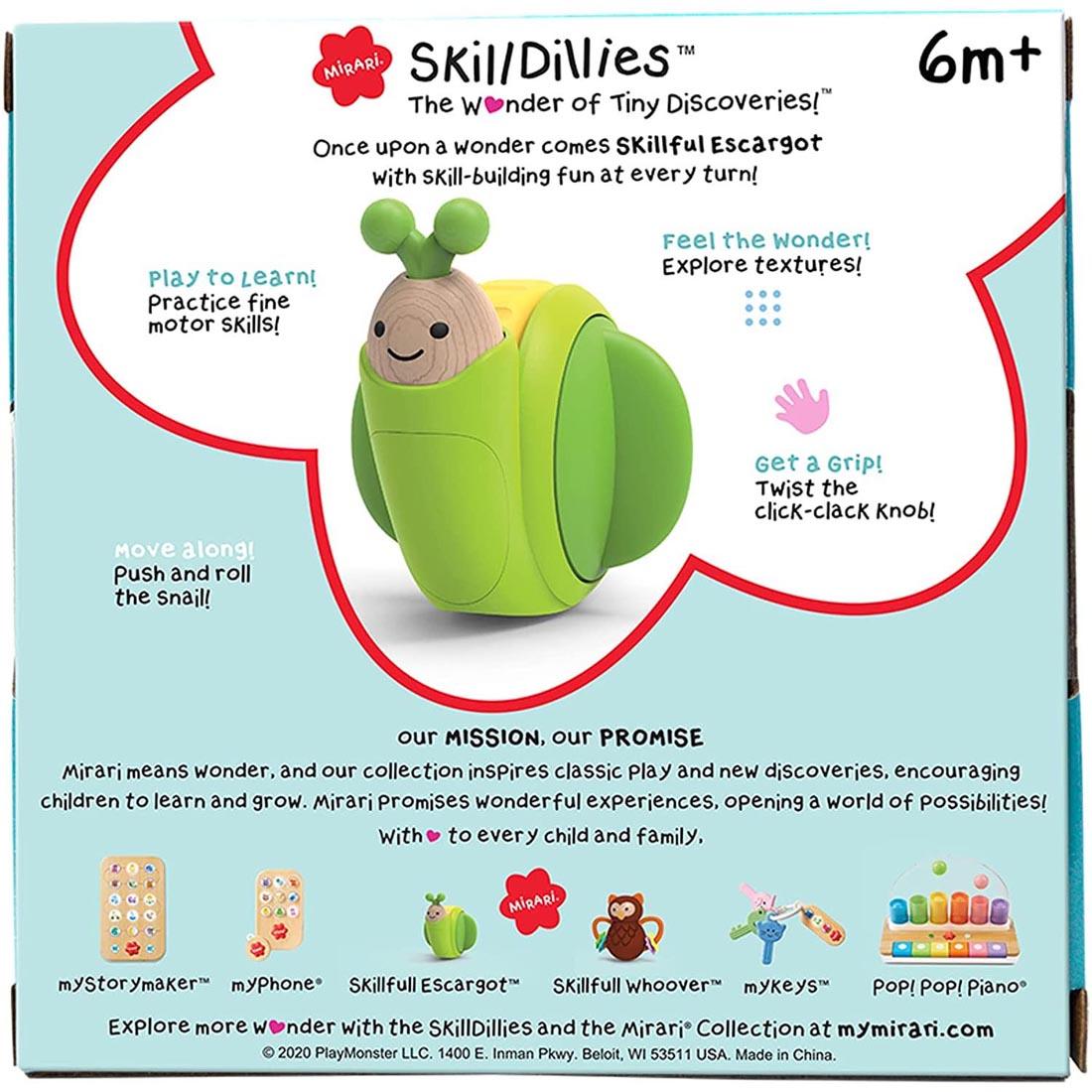 Back of package of the Mirari SkillDillies Skillful Escargot Snail Toy